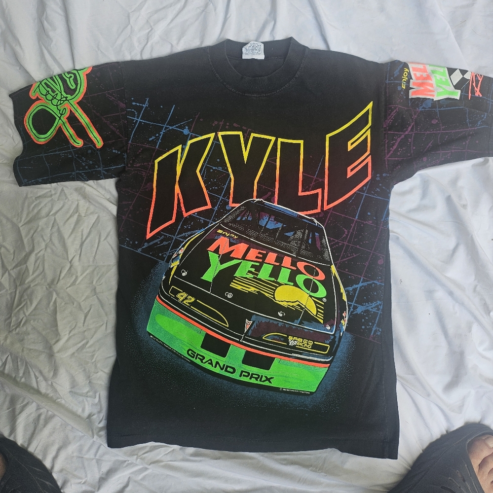 Vintage 1993 Kylie Mello Yellow Racing All Over T shirt Men size M single stitch